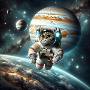 Cat in Space Suit Floating with Jupiter Background