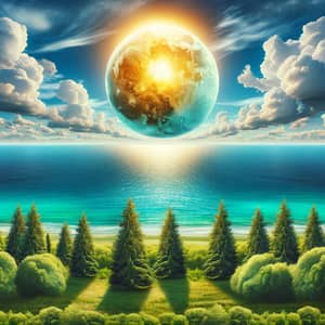 Picturesque Nature Scene with Shimmering Sea and Verdant Trees