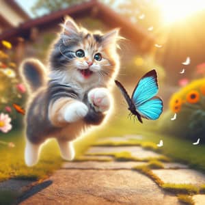 Playful Domestic Cat Chasing Butterfly in Blooming Garden