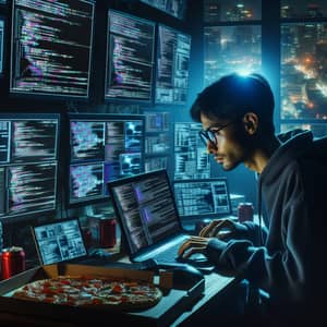Professional South Asian Computer Hacker in Dark Room with Screens