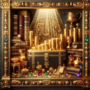 Richness & Wealth: Stacks of Golden Coins, Treasures, and Precious Gemstones