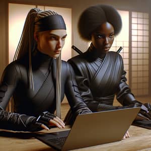 Modern Ninja Women Working on High-Tech Laptop