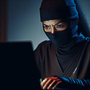 South Asian Female Ninja Working on Laptop