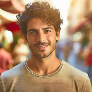 Friendly Moroccan Man with Curly Hair in Casual Attire | Market Scene