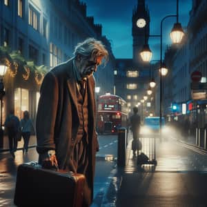 Twilight Scene: Downtrodden Middle-Aged Man on Bustling Street