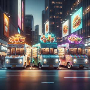 Colorful Food Trucks on Bustling Avenue | Urban Street Food Experience
