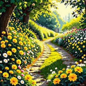 Serene Monet-style Garden with Winding Path and Open Gate