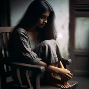 Melancholic South Asian Girl on Antique Chair - Solitude & Reflection
