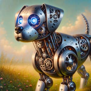 Intricate Robotic Dog Oil Painting in Meadow