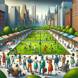 Vibrant City Croquet Scene with Diverse Players and Lush Parks