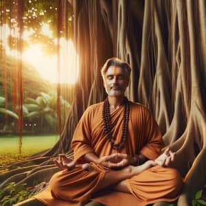 Serene South Asian Hindu Guru Meditating Under Banyan Tree