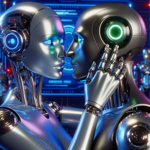 Futuristic Female Robot Kisses Male Robot