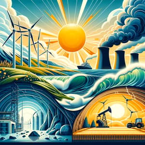Illustration of Energy Sources: Solar, Hydro, Wind, Fossil Fuels & More