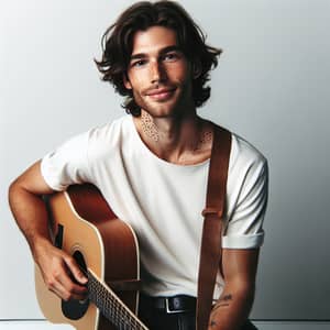 Young Caucasian Male Singer with Freckles, Dark Wavy Hair & Guitar