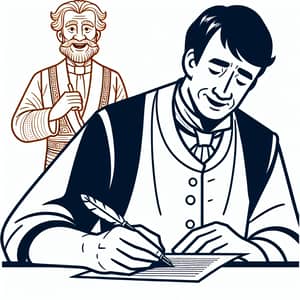 Funny Cartoon Middle-Aged Man Writing with Unique Character Behind