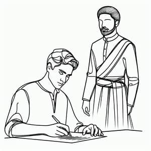 Minimalist Line Drawing of Middle-Aged Man Writing with Vesti Sattai Figure
