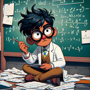 Male South Asian Cartoon Character in Lab Coat Solving Math Equations