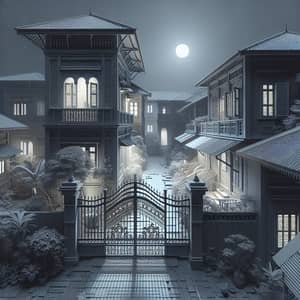 Monochrome Three-Story House at Night | Intricate Gate View