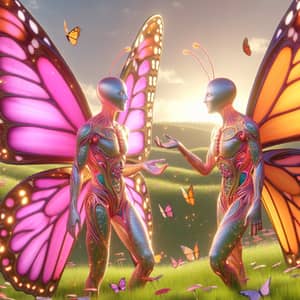 Vibrant Humanoid Butterfly Conversation in Lush Meadow