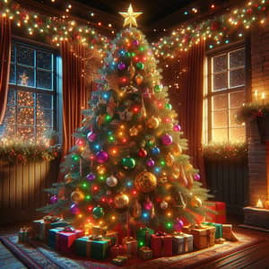 Glistening Christmas Tree with Colorful Ornaments and Presents