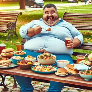 Happy Hispanic Man Enjoying Delicious Meal in Park