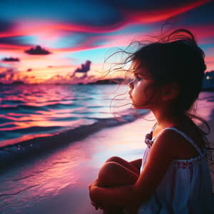 Hispanic Little Girl Enthralled by Sunset at Seashore