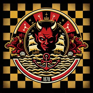 Official Devil Football Team Emblem 1878 - Red Ship, Lion, Checkerboard Design