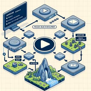 Game Development Process Flow Diagram: Unity Hub, Adventures, Level Commence