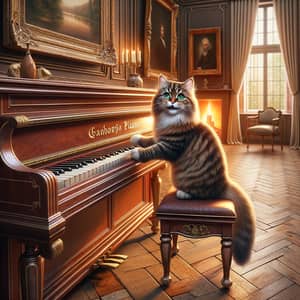 Charming Scene of Fluffy Brown Tabby Cat Playing Piano in Elegant Living Room