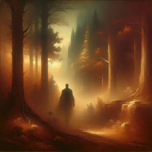 Enigmatic Figure in Shadowy Forest Painted with Gustave Doré Inspiration