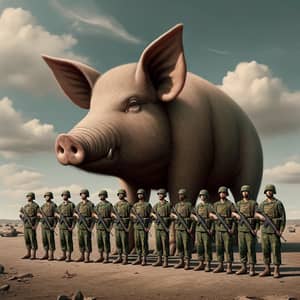 Surreal Military Scene with Oversized Pig's Head