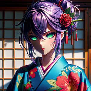 Anime Character with Neon Green Eyes and Purple Hair in Blue Kimono