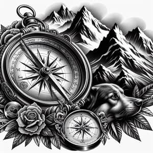 Detailed Compass Tattoo Design with Mountain and Dog Elements