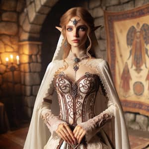 Semi-Elf Woman Sorceress in Elaborate Medieval Attire