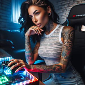 Hispanic Tattooed Woman Gaming Intensely | Gamer Girl Image