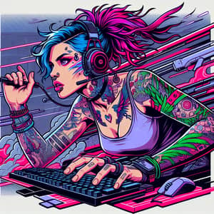 Tattooed Gamer Girl Digital Painting - Cyberpunk-Inspired Art