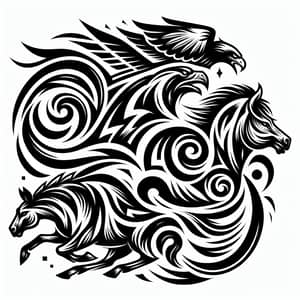 Black and White Tribal Tattoo Illustration | Dynamic Animal Composition
