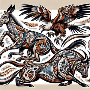 Intricate Tribal Tattoo Design with Kangaroo, Horse, Eagle & Bull