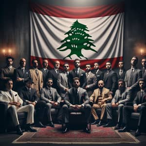 Diverse Group of Organized Crime Figures in Dimly Lit Room | Flag of Lebanon