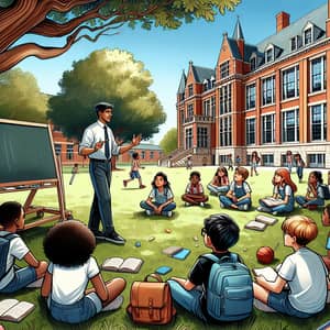 Diverse School Scene: Multicultural Classroom Outdoors