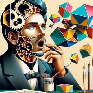 Surrealist Illustration of a Puzzle Inventor with Vibrant Colors