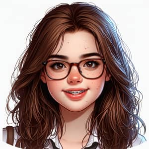 Detailed Illustration of Chubby Gir with Glasses, Braces & Brown Hair