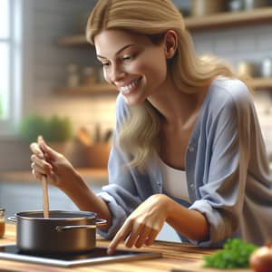 Blonde Caucasian Woman Cooking with Focus and Joy