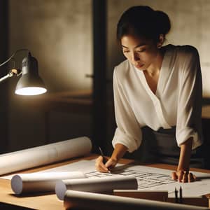 Asian Female Architect Working at Drafting Table | Professional Attire