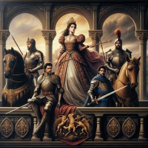 Renaissance Painting of a Queen and Three Knights in Castle Setting