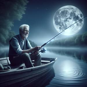 Happy Elderly Man Fishing at Night on a Boat