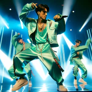 Handsome Korean Idol in Mint Green Hiphop Performance Outfit