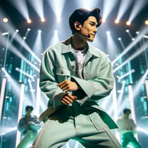 Handsome Korean Idol in Mint Green Hip-hop Performance Outfit