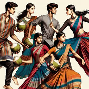 Agile Individuals in Traditional Indian Attire with Coconuts
