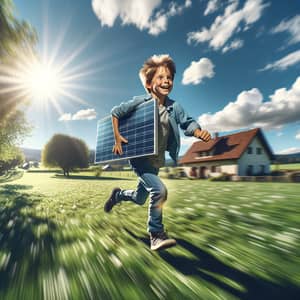Cheerful Caucasian Boy Running with Solar Panel in Green Countryside Field
